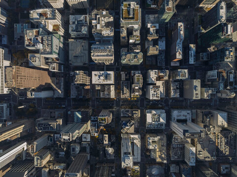 Top down aerial view of Chicago downtown buildings, city urban grid