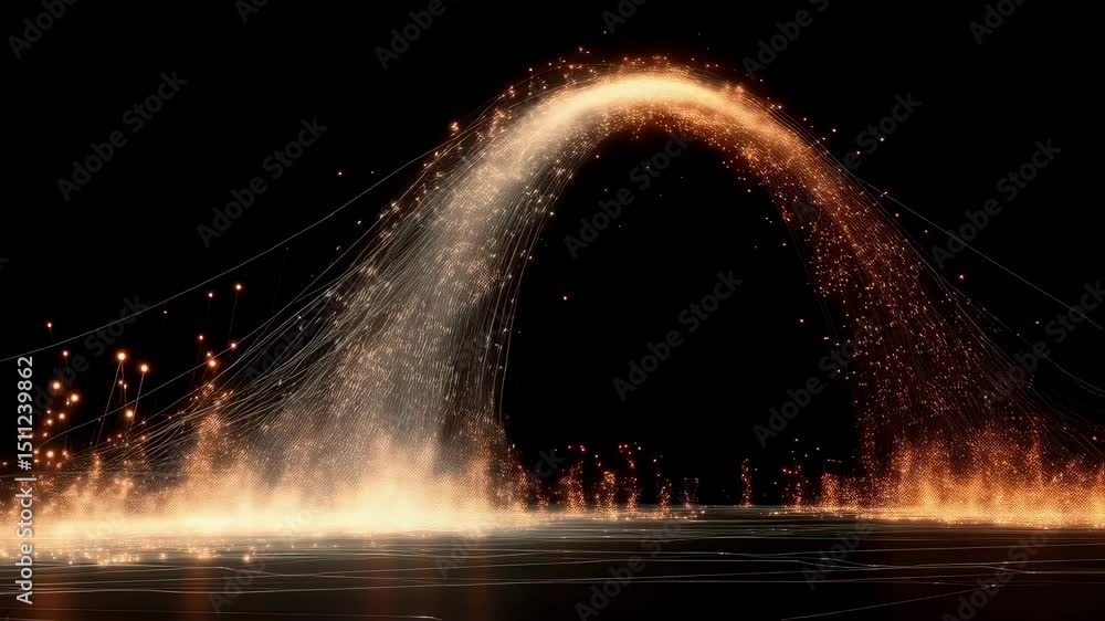 Poster luminous robotic particles arcing dynamically across dark background, converging into glowing archit