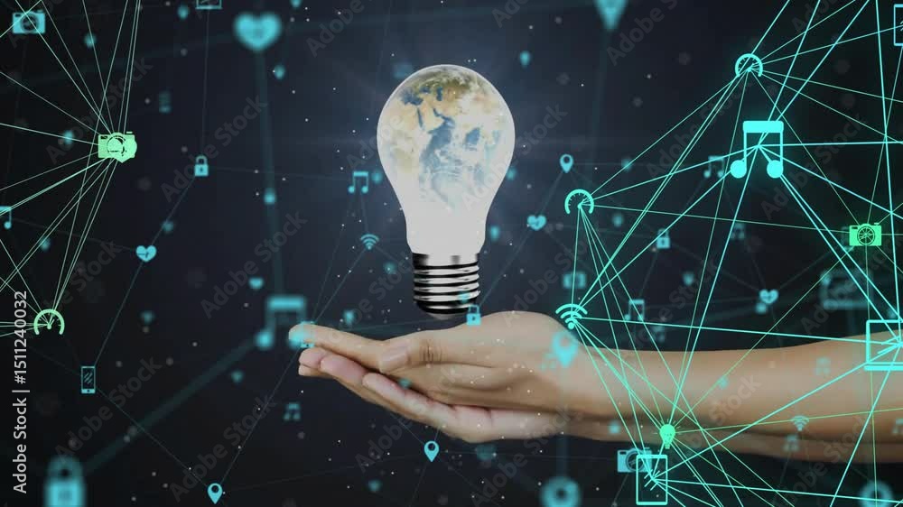 Poster digital network pulsing spurring hands emerging holding bulb rotating earth for global connectivity