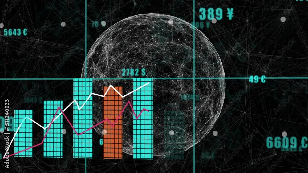 Poster timeline advancing causing bars rising and labels updating around globe representing market data