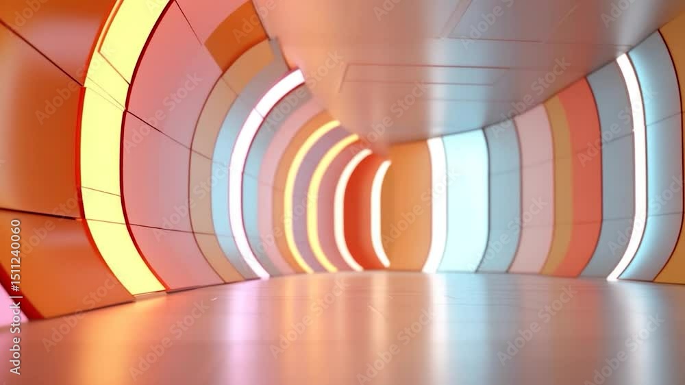 Poster futuristic tunnel design featuring vibrant neon lighting a smooth reflective floor and curved walls 