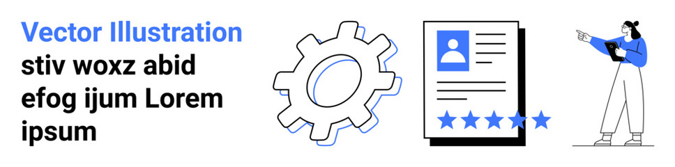 User profile with star rating, large gear icon, and person pointing with a tablet. Ideal for profile management, user interface, feedback systems, business strategy, technical procedures, team
