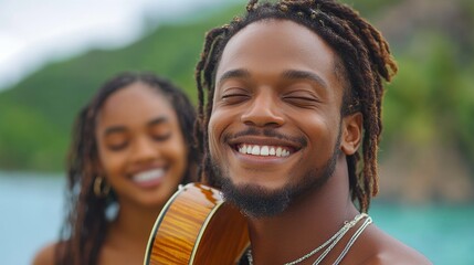 Smiling Man with Guitar by Water, Tropical Setting, Joyful Vibes