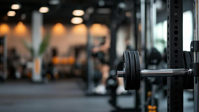 Gym interior with focus on a barbell and weight plates. Other gym equipment is visible in the background and person is walking. The lighting is bright.