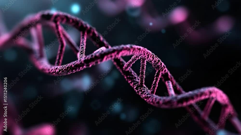 Poster abstract rendering of a dna double helix in shades of pink and purple with blue particles floating a