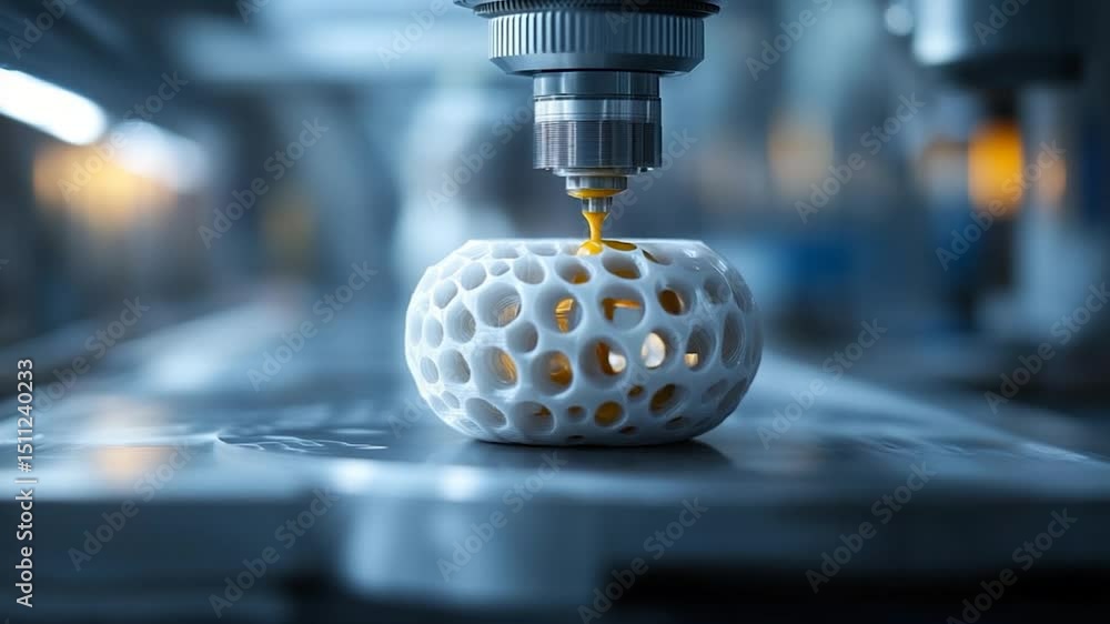 Poster a 3d printer in action printing a white orb-shaped object. the machine is silver with a nozzle dispe