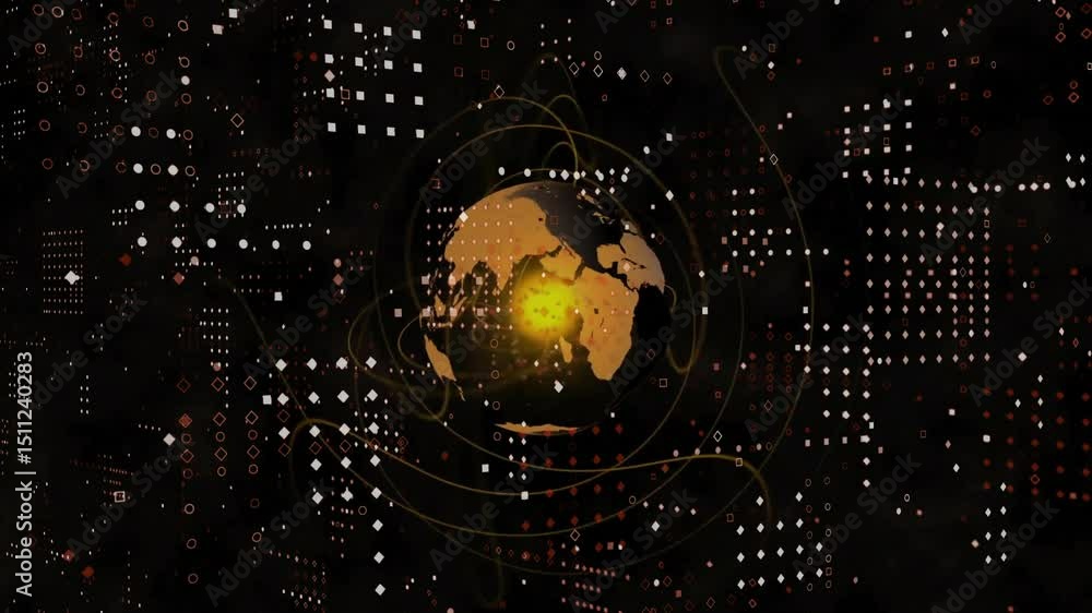 Poster on grid activation golden sphere fading, globe rotating and orbit lines pulsing visualizing network