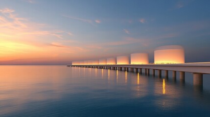 Obraz premium A serene sunset over a modern pier, reflecting calm waters and glowing lights.