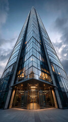 Naklejka premium Modern skyscraper towering against a moody sky at dusk