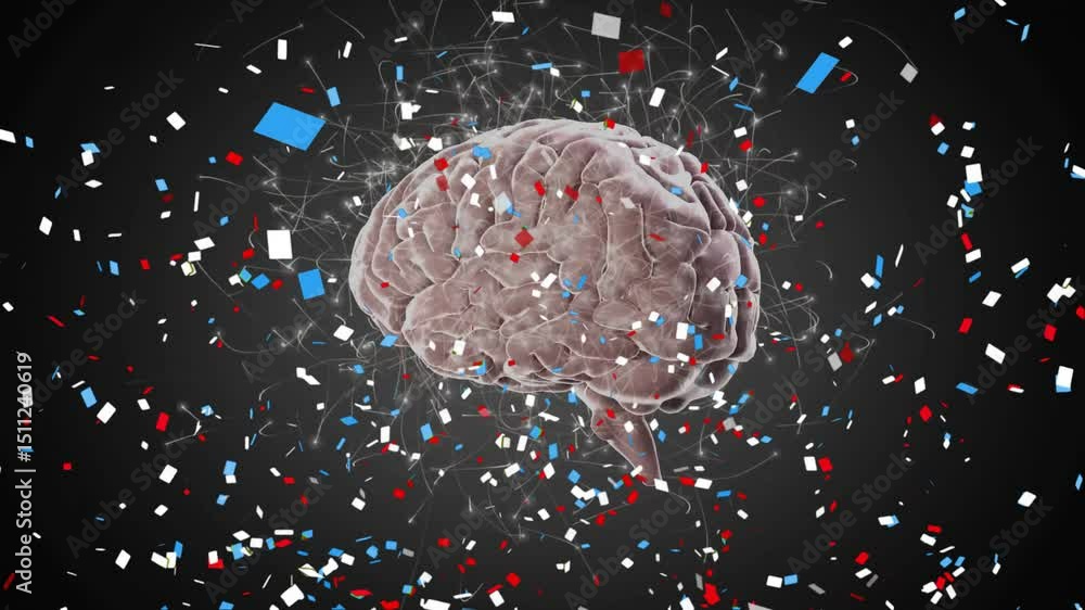 Poster Confetti bursting on brain appearance while filaments pulsing and rotating revealing neural network