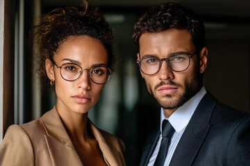 Confident business professionals posing in modern office setting