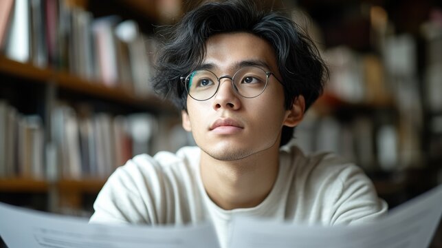 A thoughtful young man in glasses gazes at a paper in a cozy library setting.