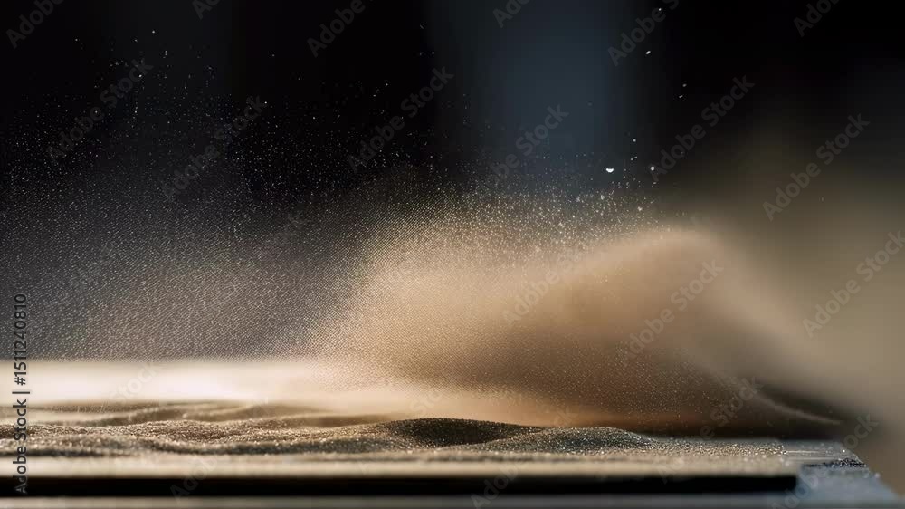 Poster powdery material dramatically bursting into dynamic wave pattern, revealing intricate physics of mat