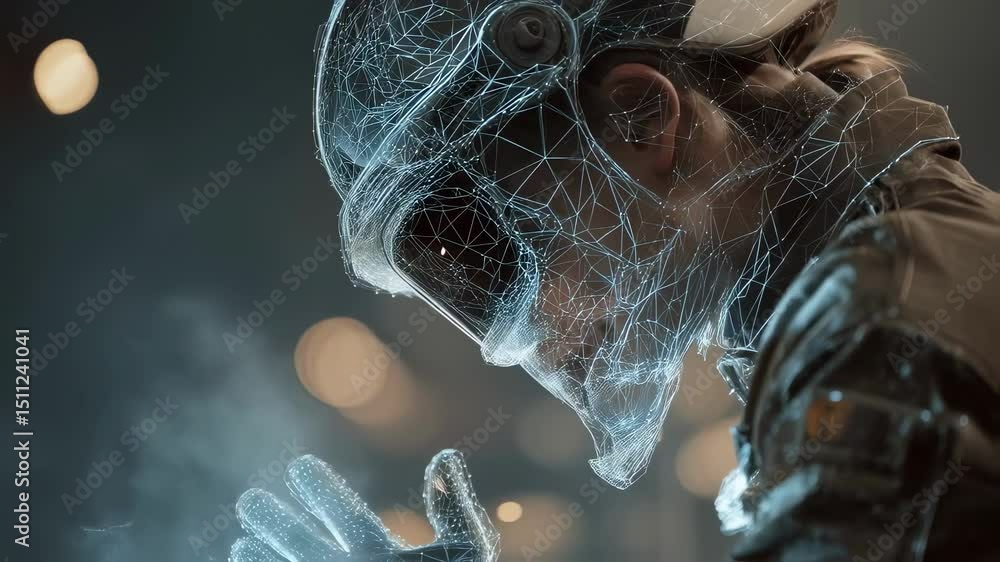 Poster wireframe helmeted astronaut gently manipulating luminescent particles in immersive digital space, s
