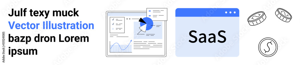 Poster data analysis dashboard with pie chart and growth graph, saas text on a browser window, and economic