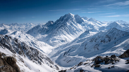 Obraz premium Snow-covered mountains under clear blue sky in winter landscape