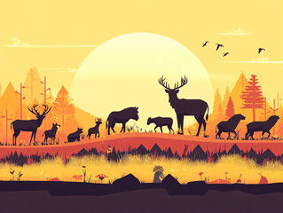 Sunset Wildlife Silhouette Landscape.