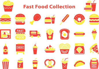 Collection of stylized fast food illustrations including burgers, drinks, and snacks