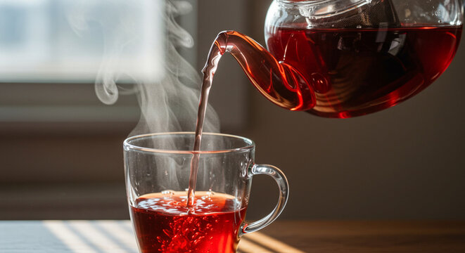 Hot tea is pouring from glass teapot into cup. Hibiscus red tea in glass cup close-up view