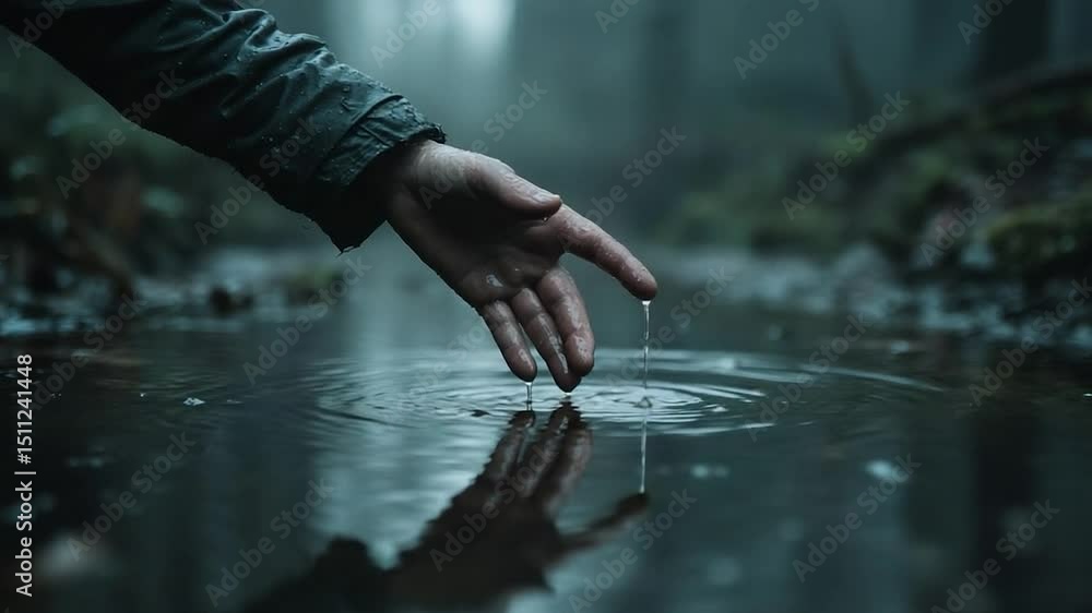 Poster close up of a hand with water droplets falling into the water surface creating reflection in misty e