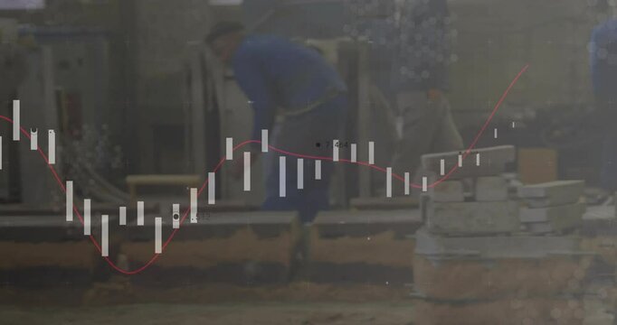 After stacking molds, foundry workers extracting metal from furnace checking with animated overlay