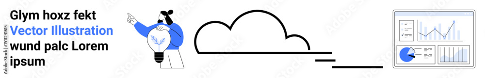 Poster female figure gestures at a cloud with horizontal lines representing data flow, paired with a chart 