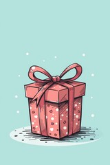 A pink gift box with a bow and heart patterns sits on a light blue background with scattered white dots.