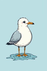 Obraz premium A cute illustrated seagull stands in a small puddle on a light blue background.