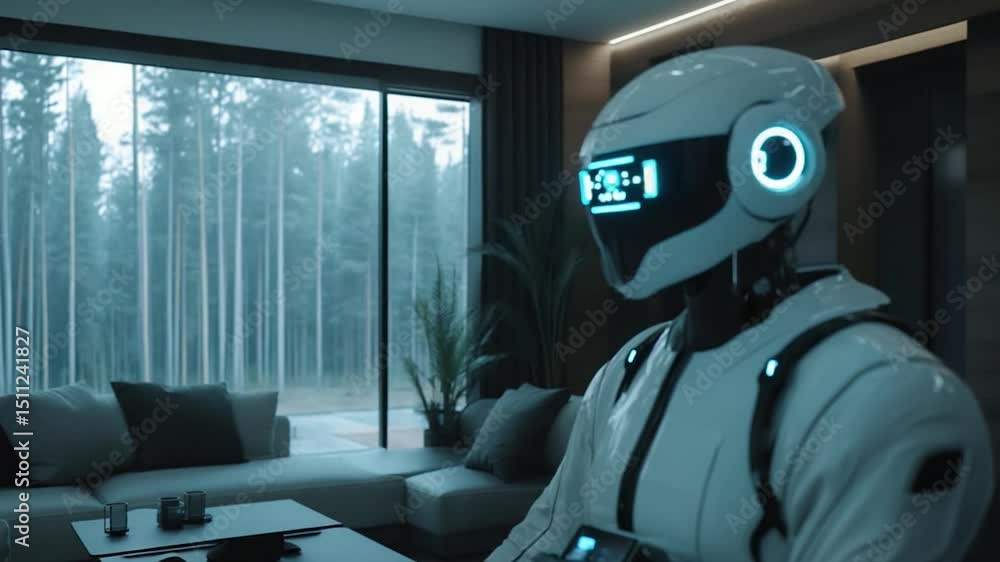 Poster a futuristic robot in a stylish interior setting featuring a large window with a view of a misty for