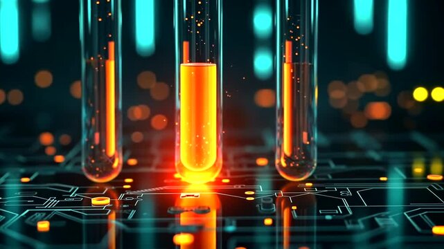 Test tubes with glowing liquid on circuit board - Powered by Adobe
