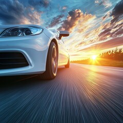 White car speeding on a road at sunset