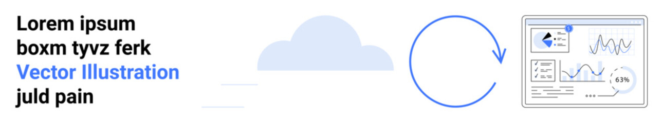 Blue cloud icon, circular arrow for sync, and analytics dashboard with graphs. Ideal for data management, cloud computing, analytics, technology, IT solutions, digital marketing simple landing page