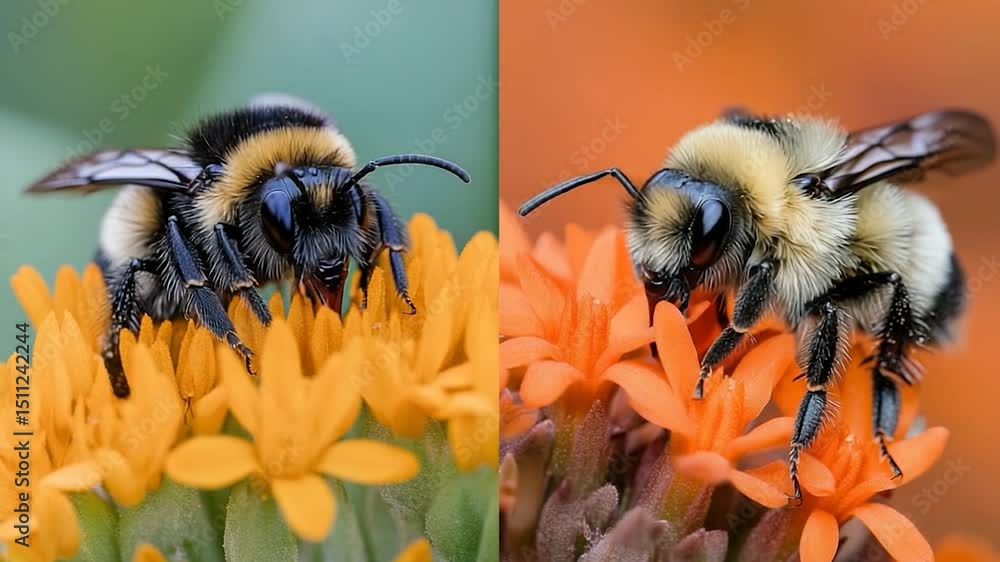 Poster detailed split image showcasing two bees with distinct colors on vibrant orange and yellow flowers. 