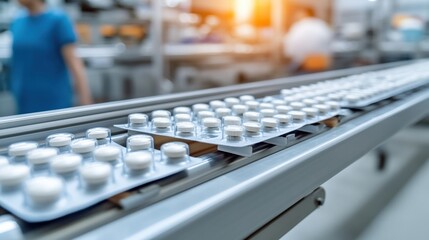 Fototapeta premium Close-up of a modern pharmaceutical production line with pill packaging.