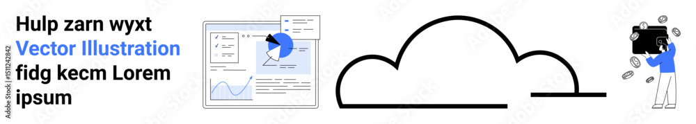 Poster cloud icon linked to data chart analysis on the left and a user uploading files on the right. ideal 