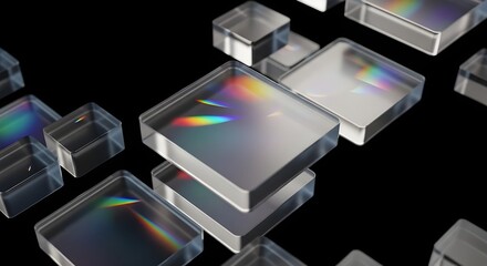 3d glass holographic transparent square plate shapes on pastel macro background. Abstract geometric blocks with rainbow color gradient, dispersion light render black background 