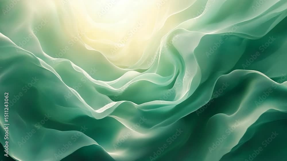 Poster abstract flowing fabric in shades of green illuminated with soft golden light from above creating a 