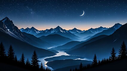 Serene nighttime scene featuring layers of mountain silhouettes and a starlit sky dominated by a glowing crescent moon