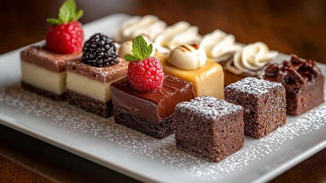 An assortment of mini desserts arranged on a rectangular white plate. Each dessert is garnished with fresh berries and mint leaves. The arrangement is dusted with powdered sugar.