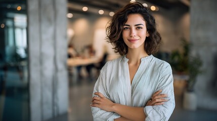 Fototapeta premium Confident Latin Businesswoman with Arms Folded in Modern Office