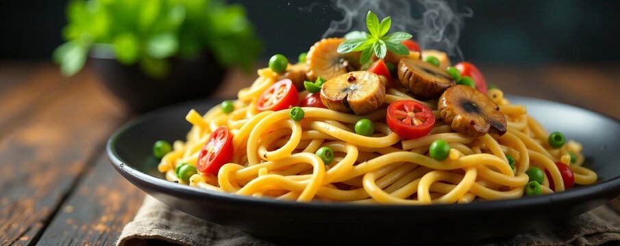 Colorful mixed vegetables and mushrooms on top of steaming hot vegan stir fry egg noodles, mushrooms, egg noodles, asain food