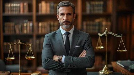 A man in a suit stands confidently with crossed arms in a library setting with scales of justice. Bookshelves in the background create a formal atmosphere.