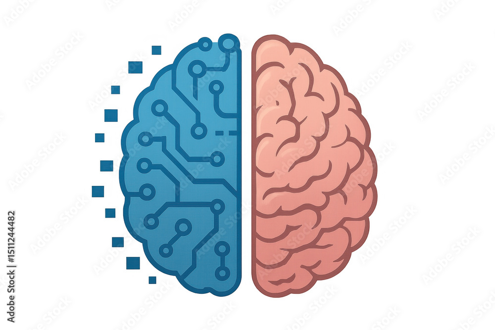 Poster half human brain and half digital circuit merging, symbolizing the integration of artificial intelli