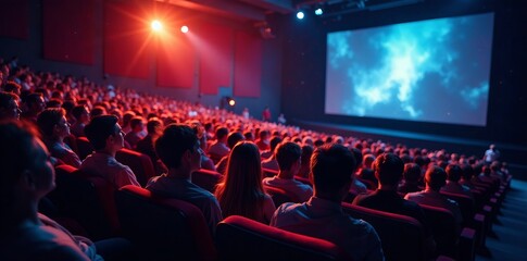 Crowd of figures seated in a cinema hall looking at the screen in unison, theater, film viewing, seating