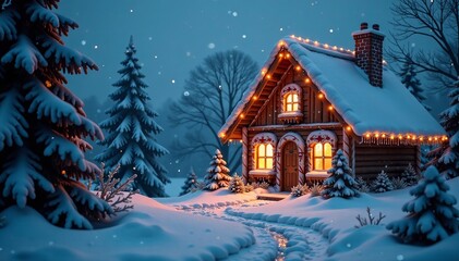 Fototapeta premium Dark fantasy winter landscape with gingerbread house and window lights , dark fantasy, icicles, decorations