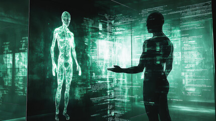 Obraz premium human figure in front of a digital mirror, with their digital reflection showing locked away data files