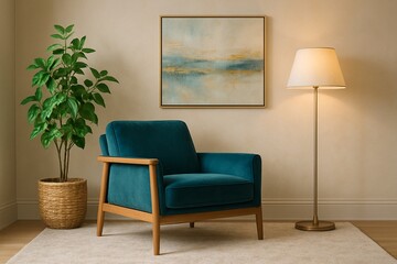 A teal armchair with a wooden frame next to a plant and a lamp in a living room setting