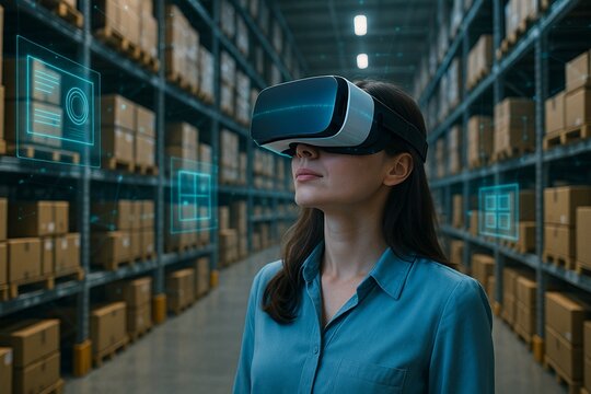 Woman using vr headset in warehouse with floating interfaces for inventory management task