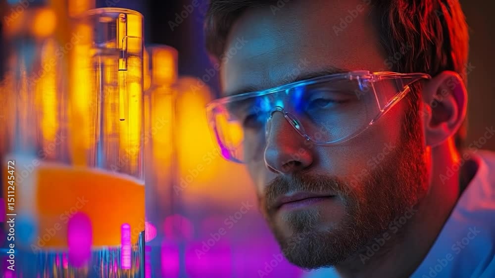 Poster a scientist in protective eyewear gazes intently in a laboratory vibrant with colorful neon lights a