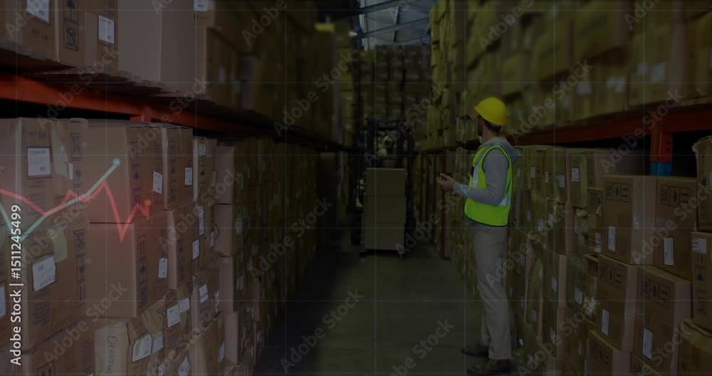 Aufkleber worker tapping tablet triggers animated chart overlay and monitoring forklift approach in logistics